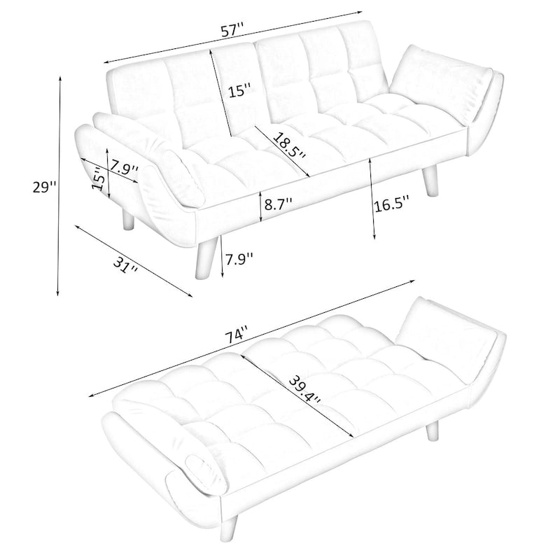 57  Sofa Bed,Polyester Blend Comfy Futon Couch Bed with 2 Square Pillows, Convertible Sleeper Sofa with Adjustable Backrest