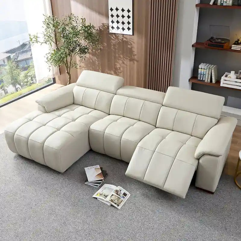 Wall-Hugger Reclining Sofa Modern Electric Control Genuine Leather L Shaped Couch, Seating Furniture with USB Port