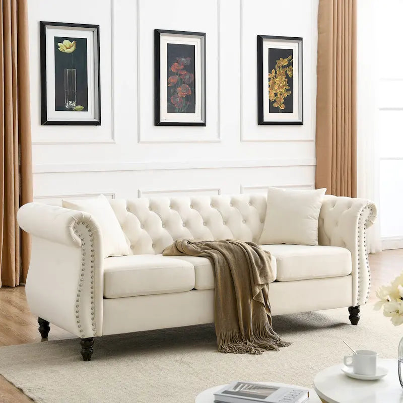 Beige Velvet Chesterfield 3 Seater Sofa with Rolled Arms, Nailhead Trim, 2 Pillows
