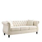 Beige Velvet Chesterfield 3 Seater Sofa with Rolled Arms, Nailhead Trim, 2 Pillows