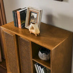 Mid Century Modern Rattan Sideboard Cabinet, Buffet Cabinet, Adjustable Shelf & Solid Wood Feet & Rattan Cabinet Doors