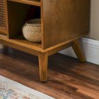 Mid Century Modern Rattan Sideboard Cabinet, Buffet Cabinet, Adjustable Shelf & Solid Wood Feet & Rattan Cabinet Doors