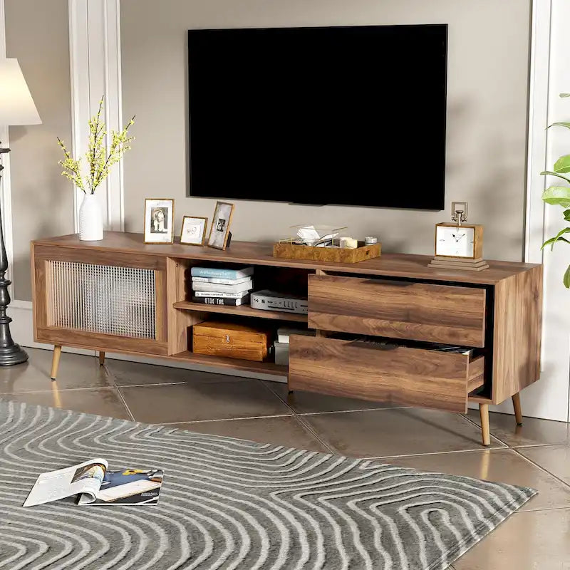 Modern TV Stand for 75 + TV, TV Console with 2 Glass Doors, Entertainment Center with 2 Drawers & Storage Cabinet
