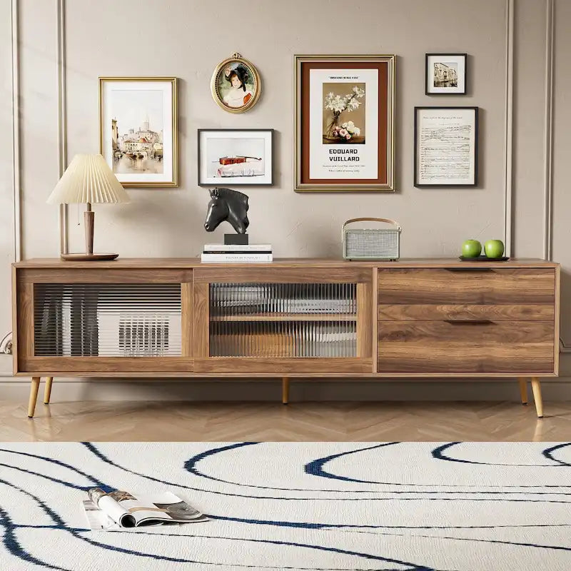 Modern TV Stand for 75 + TV, TV Console with 2 Glass Doors, Entertainment Center with 2 Drawers & Storage Cabinet