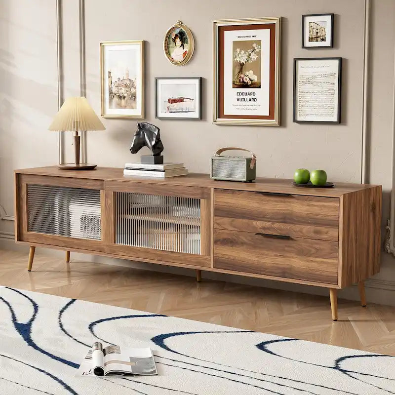 Modern TV Stand for 75 + TV, TV Console with 2 Glass Doors, Entertainment Center with 2 Drawers & Storage Cabinet