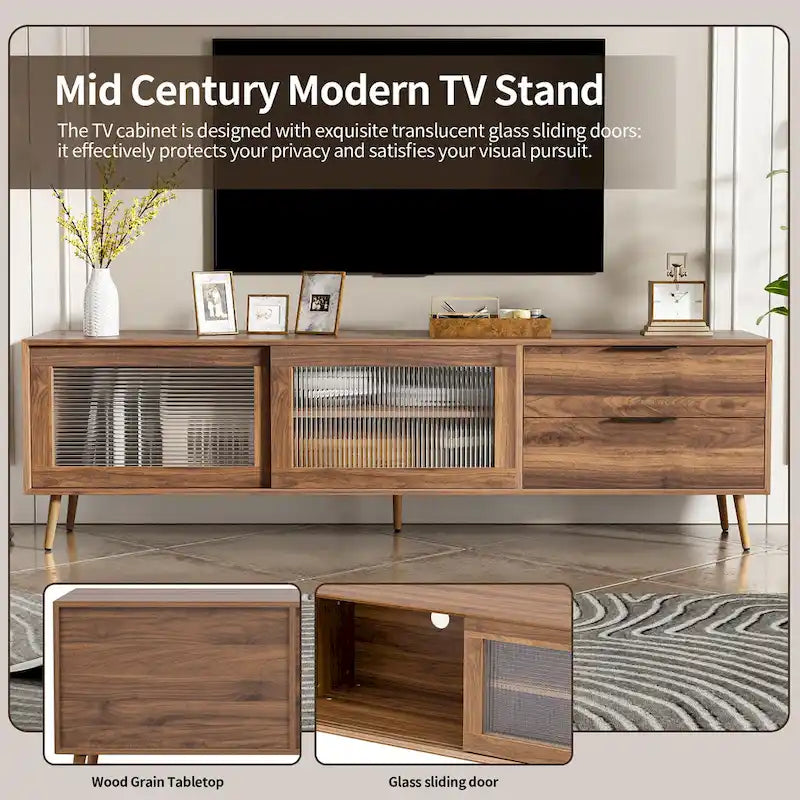 Modern TV Stand for 75 + TV, TV Console with 2 Glass Doors, Entertainment Center with 2 Drawers & Storage Cabinet