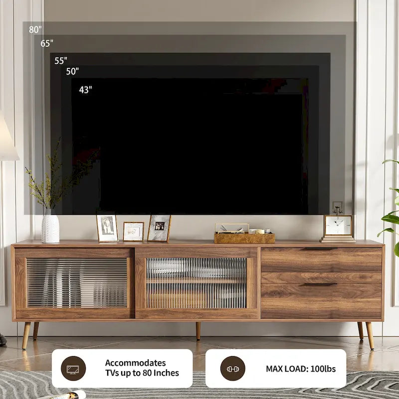Modern TV Stand for 75 + TV, TV Console with 2 Glass Doors, Entertainment Center with 2 Drawers & Storage Cabinet
