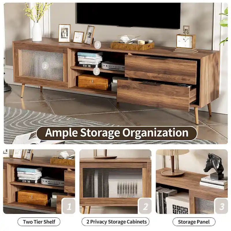 Modern TV Stand for 75 + TV, TV Console with 2 Glass Doors, Entertainment Center with 2 Drawers & Storage Cabinet