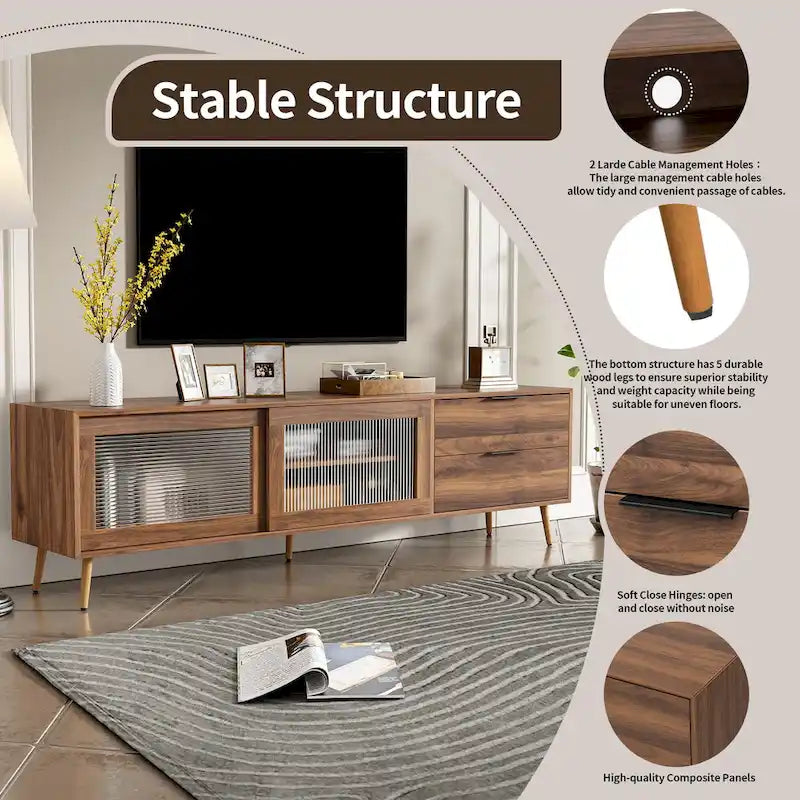 Modern TV Stand for 75 + TV, TV Console with 2 Glass Doors, Entertainment Center with 2 Drawers & Storage Cabinet
