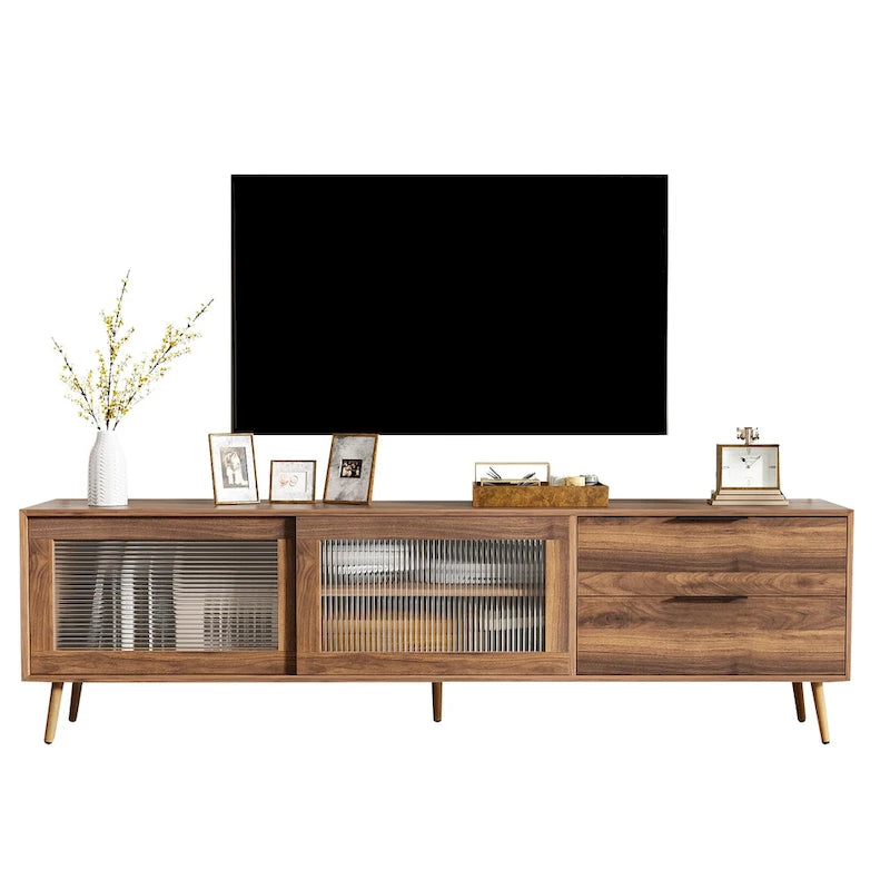 Modern TV Stand for 75 + TV, TV Console with 2 Glass Doors, Entertainment Center with 2 Drawers & Storage Cabinet
