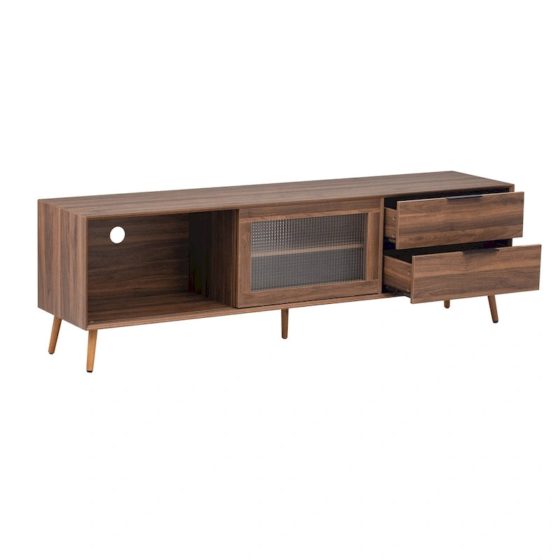 Modern TV Stand for 75 + TV, TV Console with 2 Glass Doors, Entertainment Center with 2 Drawers & Storage Cabinet
