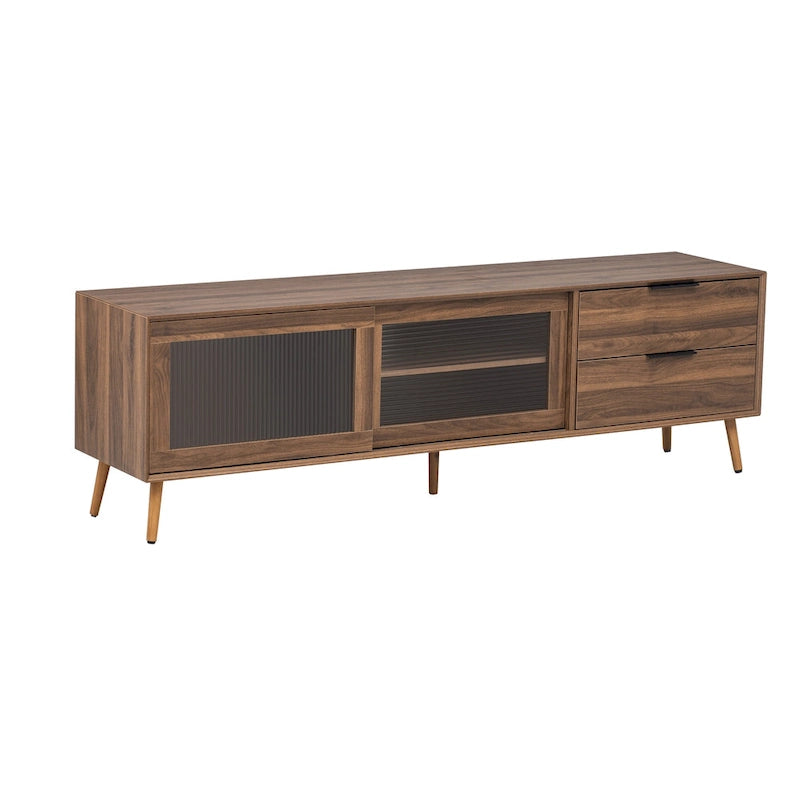 Modern TV Stand for 75 + TV, TV Console with 2 Glass Doors, Entertainment Center with 2 Drawers & Storage Cabinet