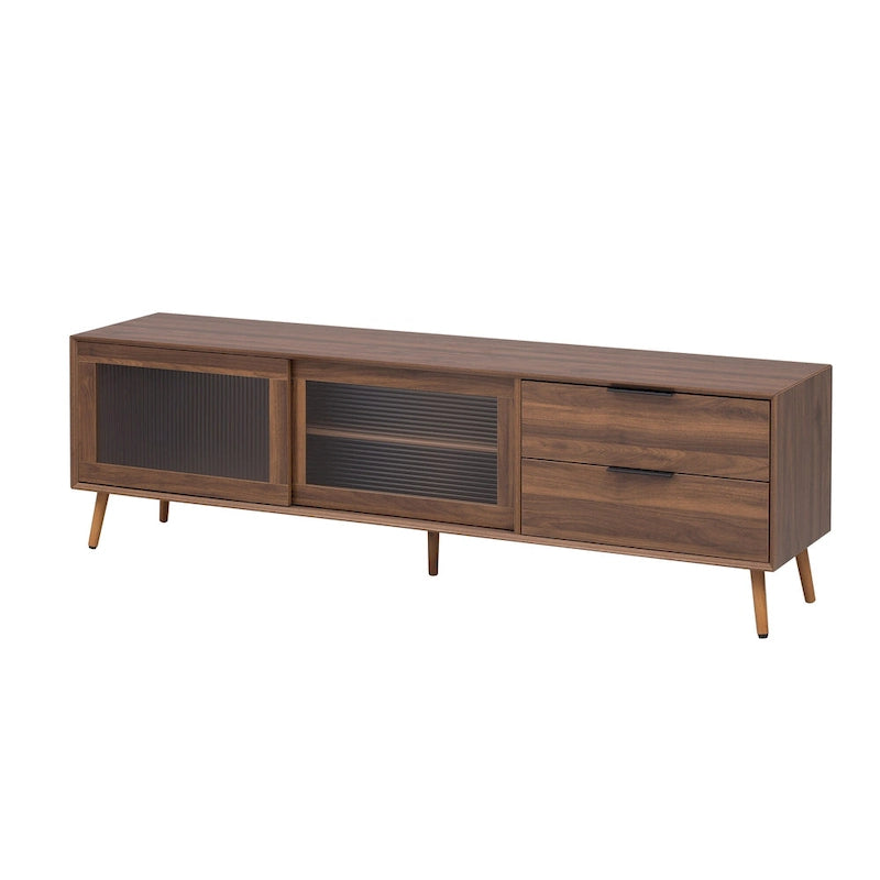 Modern TV Stand for 75 + TV, TV Console with 2 Glass Doors, Entertainment Center with 2 Drawers & Storage Cabinet