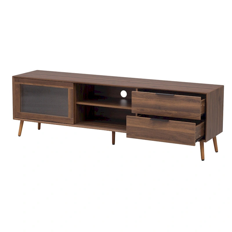 Modern TV Stand for 75 + TV, TV Console with 2 Glass Doors, Entertainment Center with 2 Drawers & Storage Cabinet