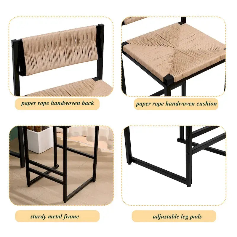 Counter Height Bar Stools Set of 2, Kichen Island Chairs with Back, Armless Dinning Room Chairs with Hand Weave