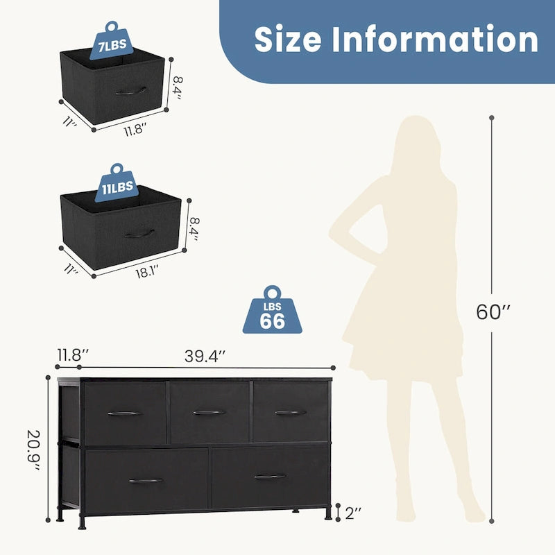 Tall Dresser Storage Tower with 5 Fabric Drawers