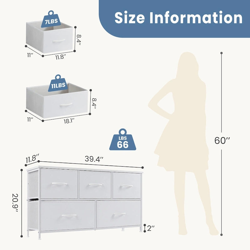 Tall Dresser Storage Tower with 5 Fabric Drawers