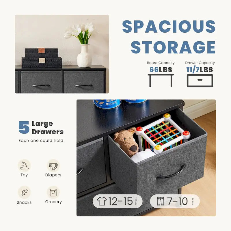 Tall Dresser Storage Tower with 5 Fabric Drawers