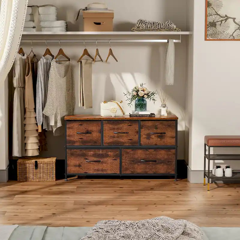 Tall Dresser Storage Tower with 5 Fabric Drawers