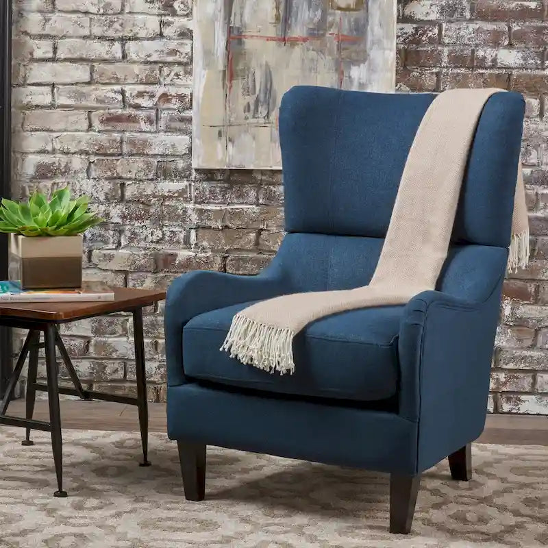 Navy Blue Modern 27  High Back Accent Chair with Birch Wood Legs and Wing Back for Living Room