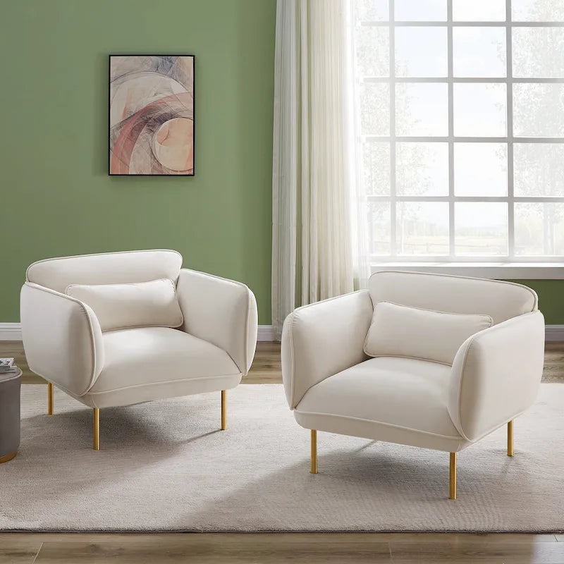 Beige Modern 36.61  Velvet Upholstered Accent Chair with Sturdy Metal Legs for Living Room