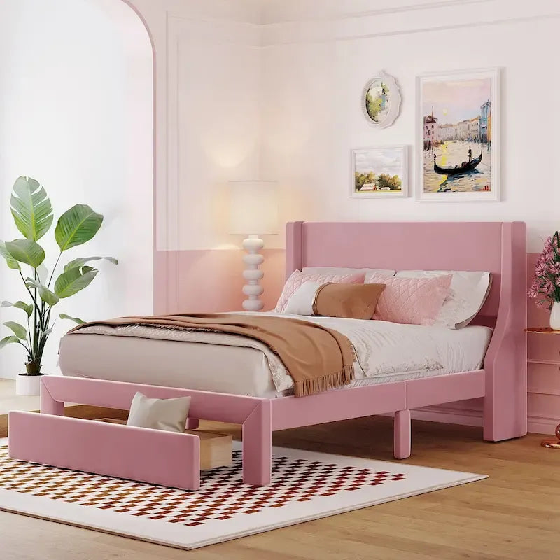 Full Size Storage Bed Velvet Upholstered with a Big Drawer