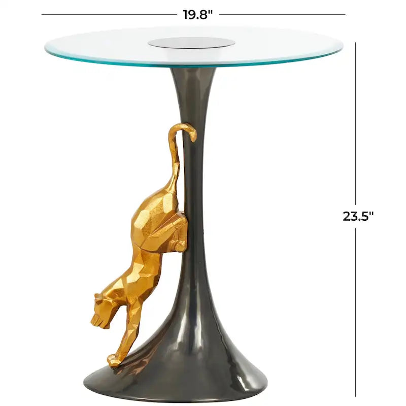 Aluminum Metal Leopard Accent Table with Gold Leopard Accent and Tempered Glass Top - Black