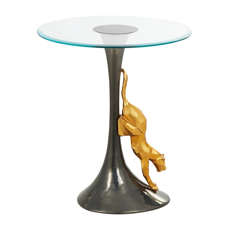 Aluminum Metal Leopard Accent Table with Gold Leopard Accent and Tempered Glass Top - Black