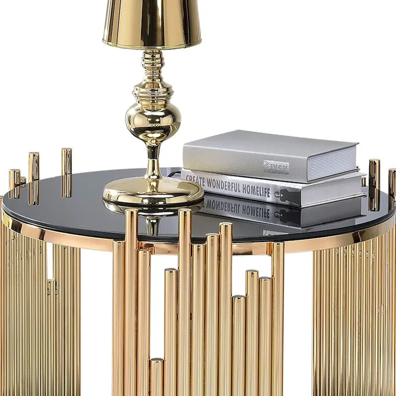 Modern Metal and Glass End Table with Tubing Design, Black and Gold