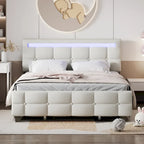 Queen Size Upholstered Platform Bed with LED Frame and 4 Drawers, Linen Fabric