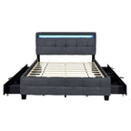 Queen Size Upholstered Platform Bed with LED Frame and 4 Drawers, Linen Fabric