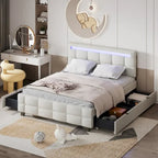 Queen Size Upholstered Platform Bed with LED Frame and 4 Drawers, Linen Fabric