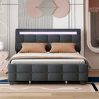 Queen Size Upholstered Platform Bed with LED Frame and 4 Drawers, Linen Fabric