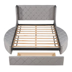 Upholstered Platform Bed Queen Size Storage Velvet Bed with Wingback Headboard and 1 Big Drawer,2 Side Storage Stool