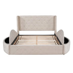Upholstered Platform Bed Queen Size Storage Velvet Bed with Wingback Headboard and 1 Big Drawer,2 Side Storage Stool