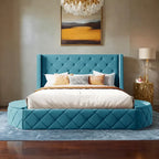 Upholstered Platform Bed Queen Size Storage Velvet Bed with Wingback Headboard and 1 Big Drawer,2 Side Storage Stool