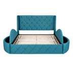 Upholstered Platform Bed Queen Size Storage Velvet Bed with Wingback Headboard and 1 Big Drawer,2 Side Storage Stool