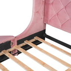Upholstered Platform Bed Queen Size Storage Velvet Bed with Wingback Headboard and 1 Big Drawer,2 Side Storage Stool