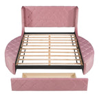 Upholstered Platform Bed Queen Size Storage Velvet Bed with Wingback Headboard and 1 Big Drawer,2 Side Storage Stool