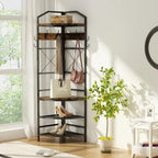 Entryway Corner Hall Tree with Shoe Rack, Coat Rack with 6 Double Hooks, Home Organizer for Entryway, Hallway, Closet, Bedroom