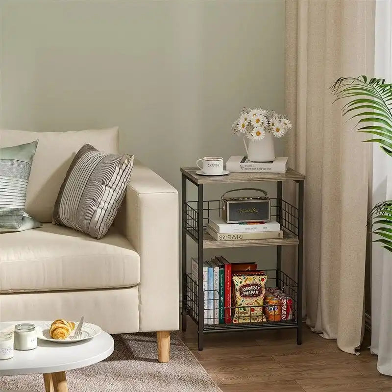 Industrial Retro Side Table Nightstand Storage Shelf - 11.8 D x 15.7 W x 25 H