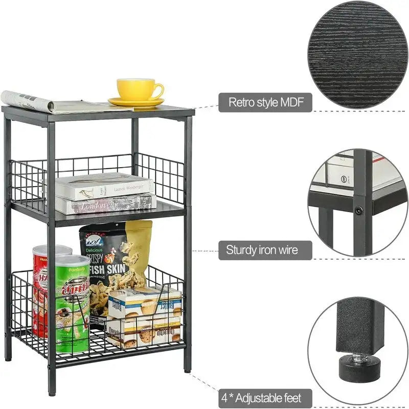 Industrial Retro Side Table Nightstand Storage Shelf - 11.8 D x 15.7 W x 25 H