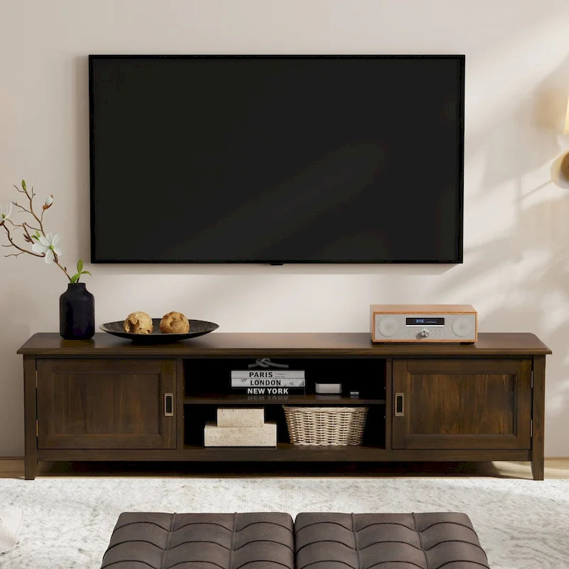 WYNDENHALL Portland SOLID WOOD 72  Wide Transitional TV Media Stand in Mahogany Brown For TVs up to 80  - 17  D x 72  W x 20  H