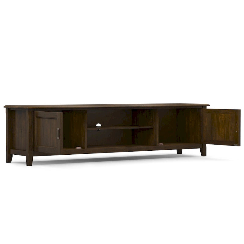 WYNDENHALL Portland SOLID WOOD 72  Wide Transitional TV Media Stand in Mahogany Brown For TVs up to 80  - 17  D x 72  W x 20  H