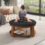 Modern Large Round Ottoman Coffee Table 2-Tier Oversized Button Tufted Ottoman with Wood Shelf Storage Upholstered Coffee Table