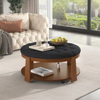 Modern Large Round Ottoman Coffee Table 2-Tier Oversized Button Tufted Ottoman with Wood Shelf Storage Upholstered Coffee Table