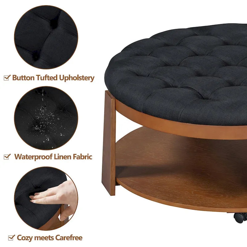 Modern Large Round Ottoman Coffee Table 2-Tier Oversized Button Tufted Ottoman with Wood Shelf Storage Upholstered Coffee Table