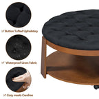 Modern Large Round Ottoman Coffee Table 2-Tier Oversized Button Tufted Ottoman with Wood Shelf Storage Upholstered Coffee Table