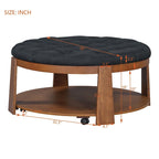 Modern Large Round Ottoman Coffee Table 2-Tier Oversized Button Tufted Ottoman with Wood Shelf Storage Upholstered Coffee Table
