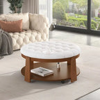 Modern Large Round Ottoman Coffee Table 2-Tier Oversized Button Tufted Ottoman with Wood Shelf Storage Upholstered Coffee Table